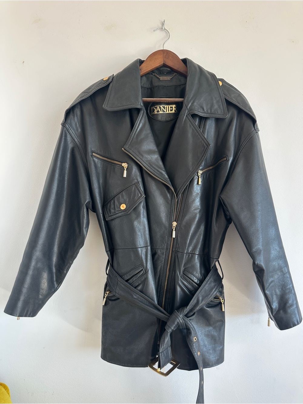 Vintage Danier Designer Black Leather Belted Moto Jacket – Size M